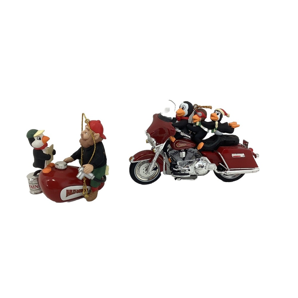 CHRISTMAS ORNAMENTS (2) Harley Davidson Motorcycle North Pole Penguins
